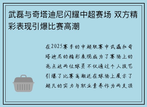 武磊与奇塔迪尼闪耀中超赛场 双方精彩表现引爆比赛高潮 武磊与奇塔迪尼闪耀中超赛场 双方精彩表现引爆比赛高潮