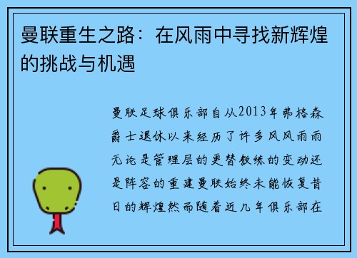 曼联重生之路：在风雨中寻找新辉煌的挑战与机遇
