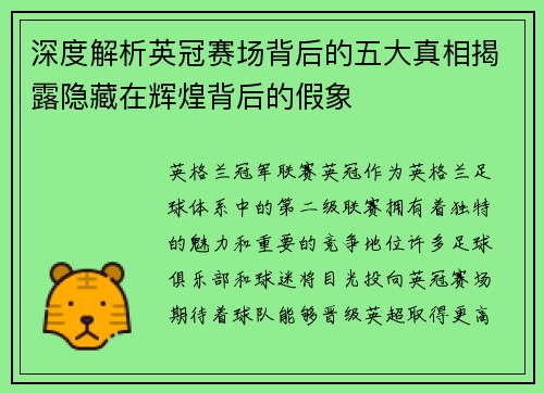 深度解析英冠赛场背后的五大真相揭露隐藏在辉煌背后的假象 深度解析英冠赛场背后的五大真相揭露隐藏在辉煌背后的假象